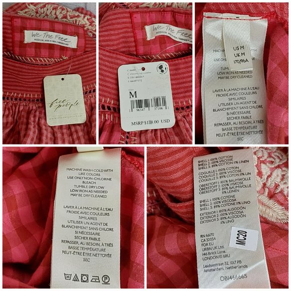 'FREE PEOPLE' 'BEĹĹA' EMBROIDED SQUARE-NECK PEASANT TOP FLUTTER-SLEEVE GINGHAM - Picture 12 of 16